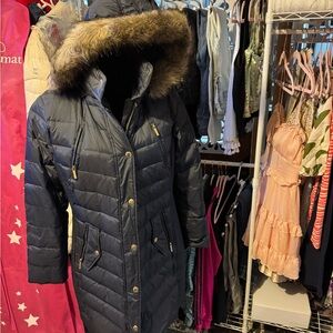 Navy Puffer Coat with Faux Fur Hood